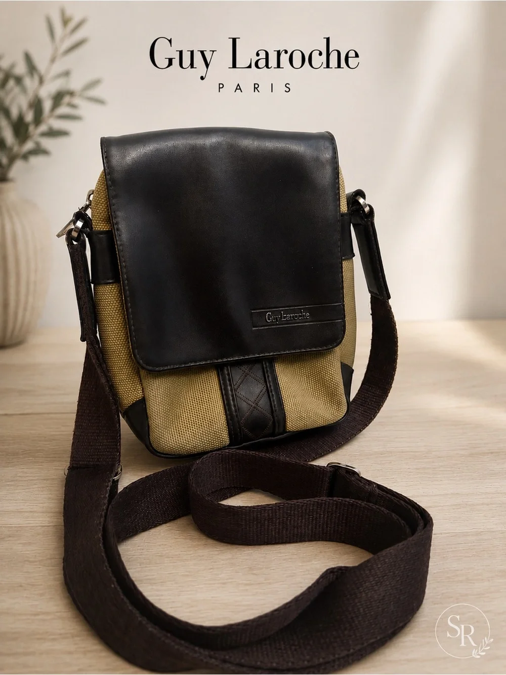 VTG Guy Laroche Canvas & Leather Crossbody Messenger Bag Adjustable Strap